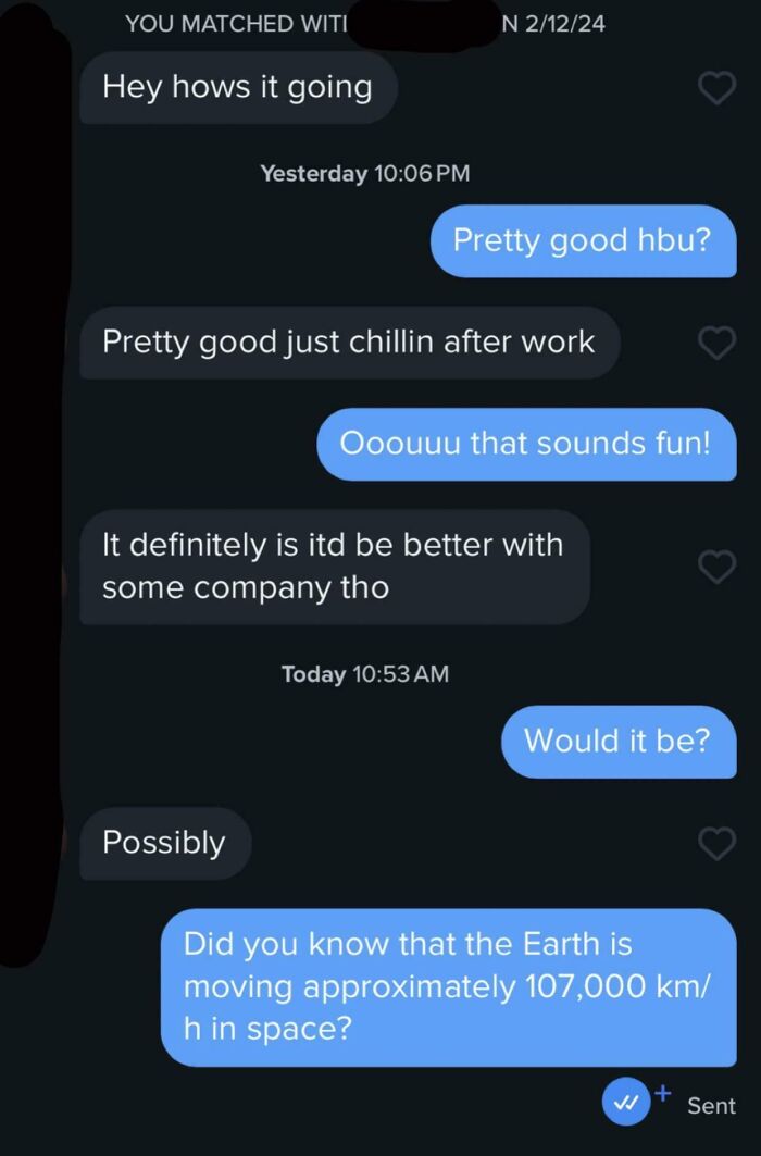 Screenshot of a humorous Tinder conversation ending with a random fact about Earth's speed.