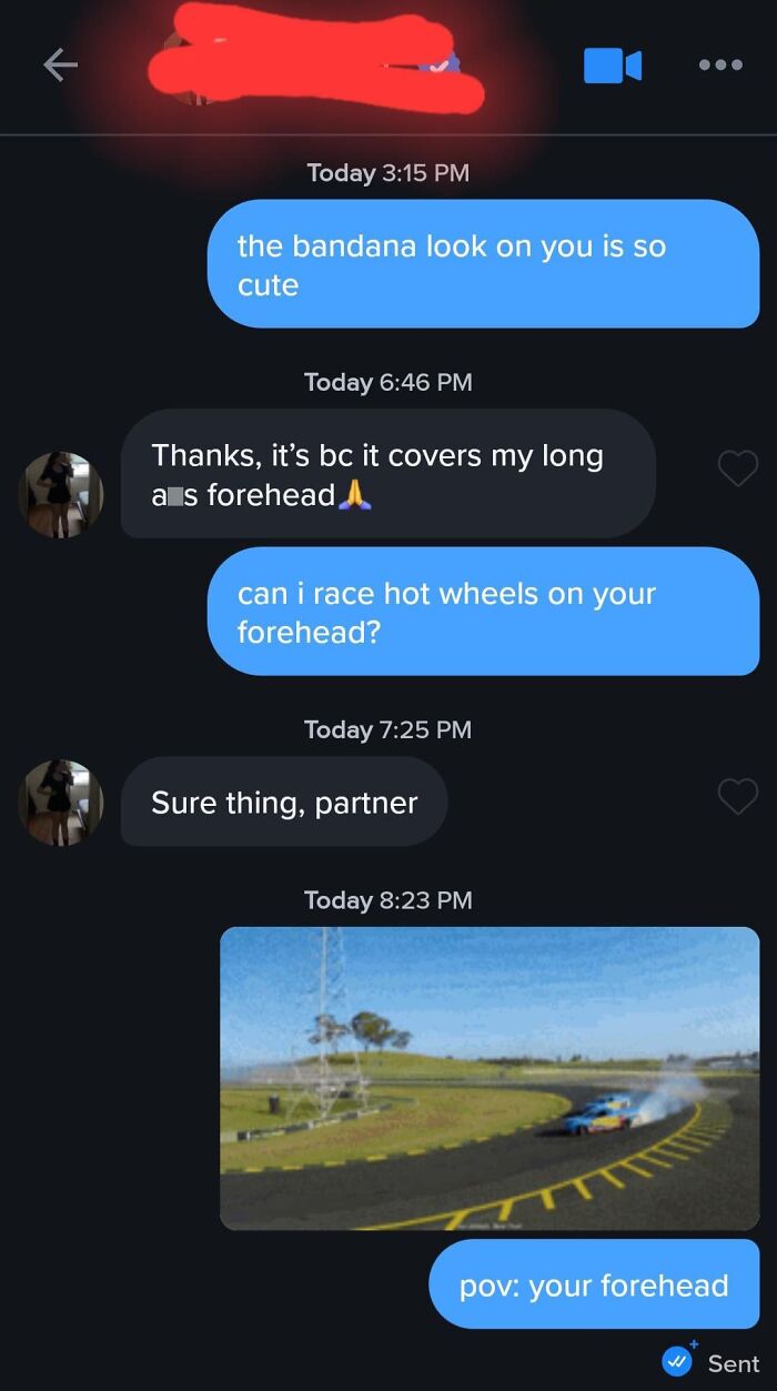 Humorous Tinder post with funny conversation about forehead size and Hot Wheels track.