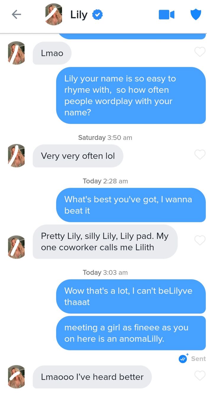 Humorous Tinder posts featuring playful name wordplay in a chat with Lily.