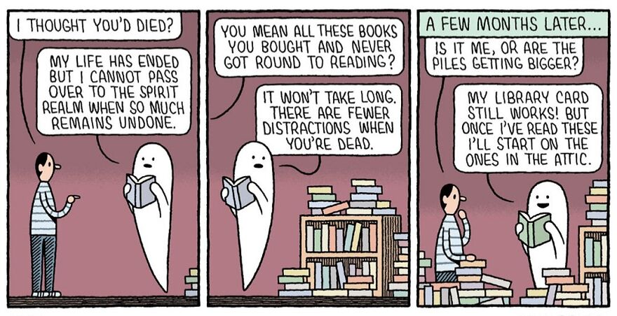 Comic strip by Tom Gauld featuring a ghost discussing unread book piles with a friend, humorous dialogue ensues.