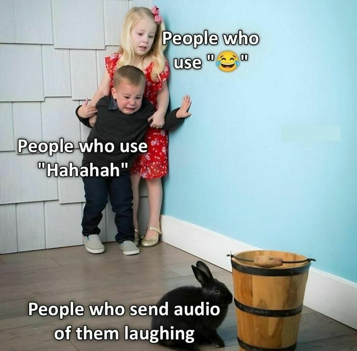 Children standing scared by a black rabbit, labeled with different styles of laughter; a humorous men's meme.