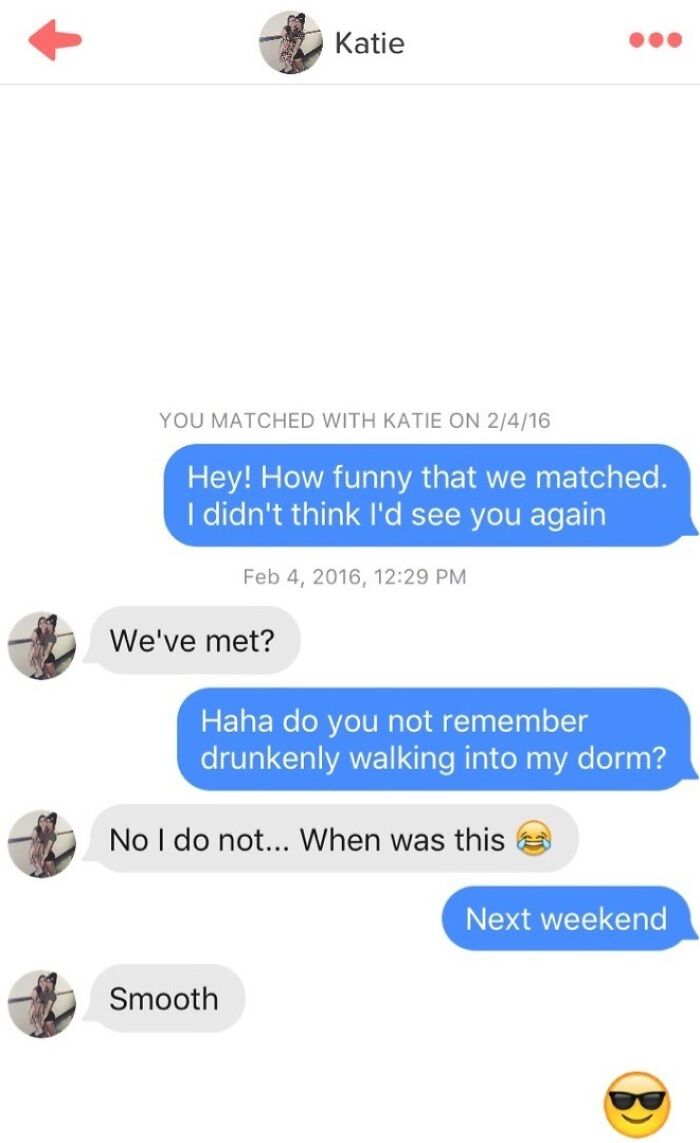 Humorous Tinder post featuring a playful text exchange about a past encounter, ending with a witty response.