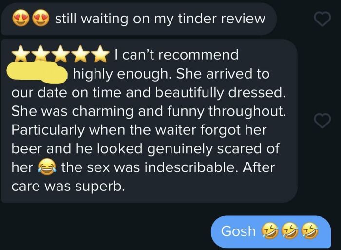 Five-star humorous Tinder post with a funny review about a date's charming and unforgettable experience.
