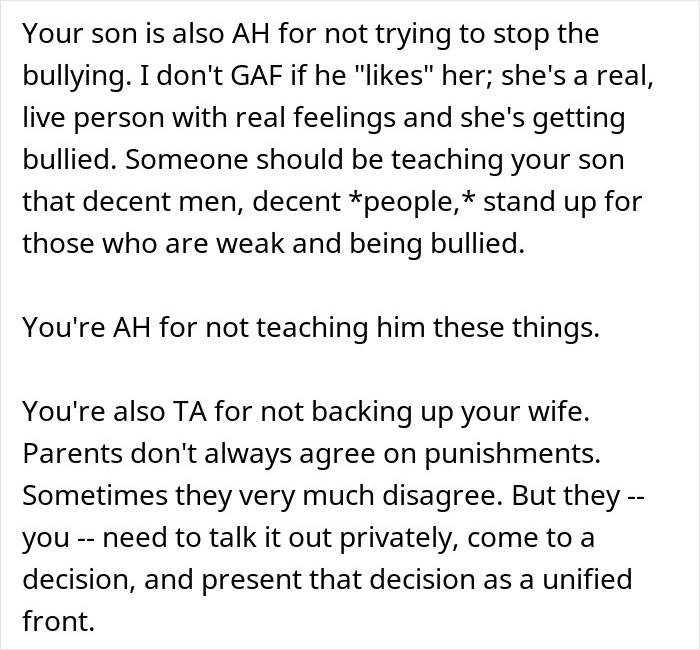 Text criticizing a dad's support for his son, not stopping bullying of a family friend's daughter. Text criticizing a dad's support for his son, not stopping bullying of a family friend's daughter.