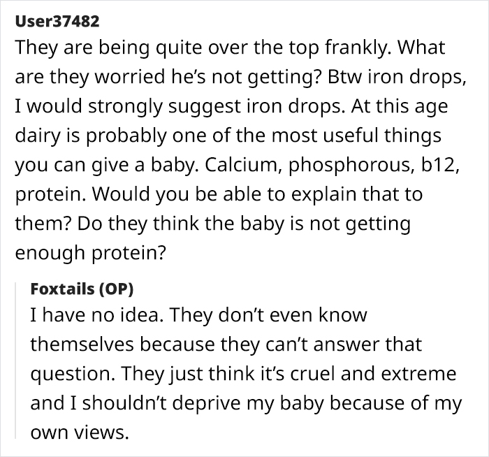 Screenshot of a discussion about a vegetarian mom worried about her baby’s diet, seeking advice online. Screenshot of a discussion about a vegetarian mom worried about her baby’s diet, seeking advice online.