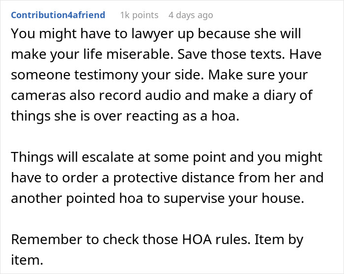 Text advising on dealing with an HOA president's harassment, suggesting legal steps and protecting oneself with evidence. Text advising on dealing with an HOA president's harassment, suggesting legal steps and protecting oneself with evidence.