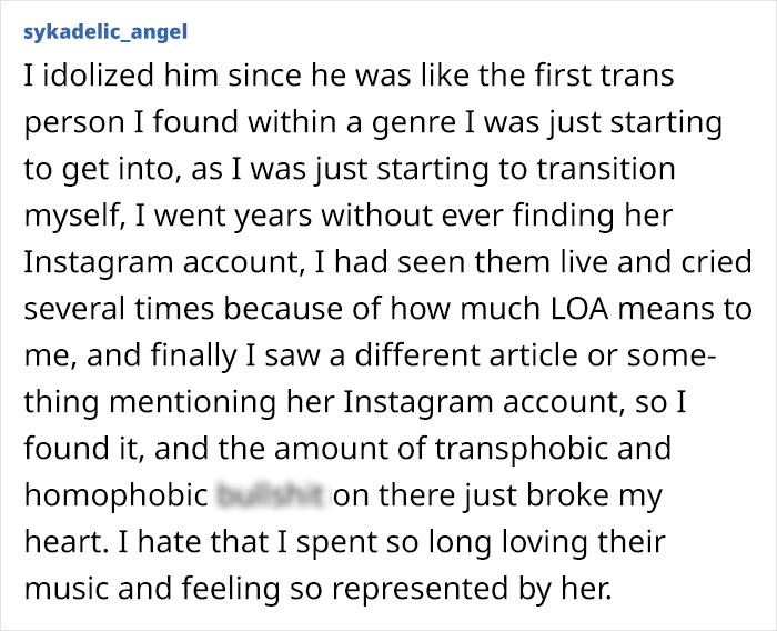 Text expressing disappointment over a rock singer's statements on detransitioning, mentioning feelings of betrayal. Text expressing disappointment over a rock singer's statements on detransitioning, mentioning feelings of betrayal.