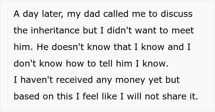 Text message revealing family inheritance secrets and feelings of disbelief. Text message revealing family inheritance secrets and feelings of disbelief.