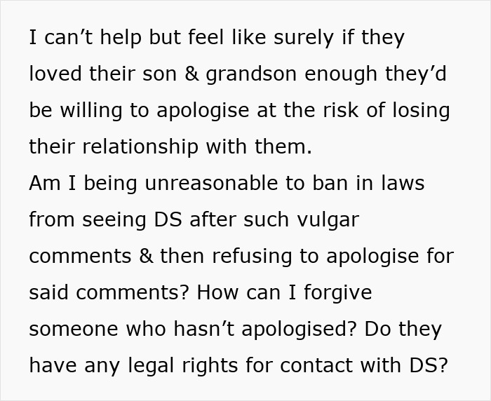 Text discussing in-laws' mistreatment and being banned from seeing grandkid. Text discussing in-laws' mistreatment and being banned from seeing grandkid.