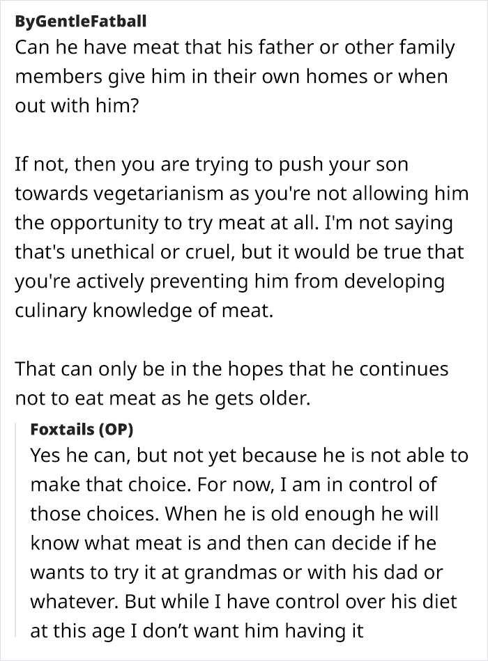 Text exchange about vegetarian mom's concerns over family feeding baby meat. Text exchange about vegetarian mom's concerns over family feeding baby meat.