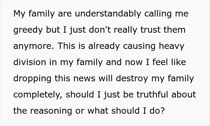 Text reveals family tension over inheritance secret, causing division and distrust after grandma's death. Text reveals family tension over inheritance secret, causing division and distrust after grandma's death.