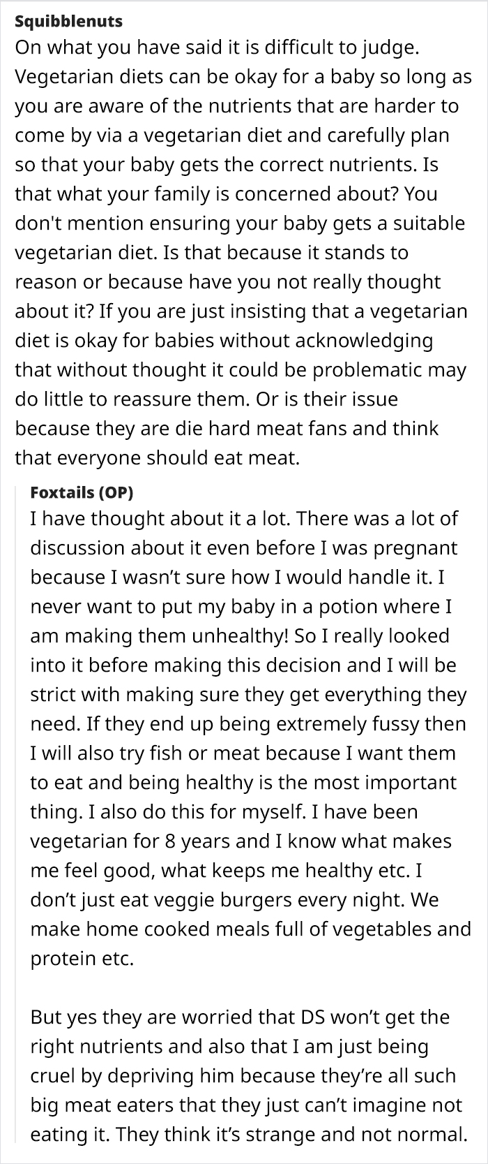 Text conversation about vegetarian mom concerned family may feed baby meat. Text conversation about vegetarian mom concerned family may feed baby meat.