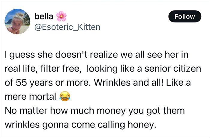 Tweet criticizing Jennifer Lopez for excessive photo filters, mockingly addressing her real-life appearance and aging. Tweet criticizing Jennifer Lopez for excessive photo filters, mockingly addressing her real-life appearance and aging.