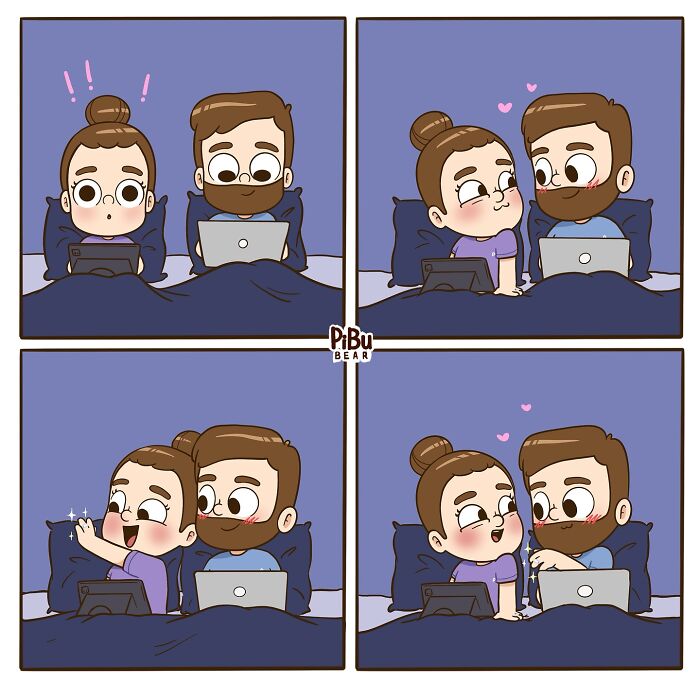 Adorable couple comic by Pibubear depicting a cute interaction between a man and woman in bed with laptops.