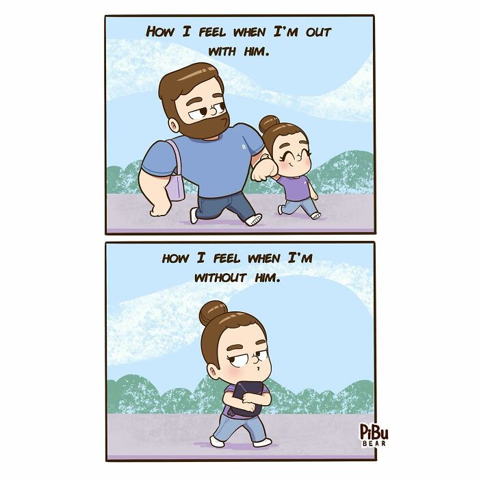 Couple comic by Pibubear showing feelings of being with and without a partner, highlighting relatability.