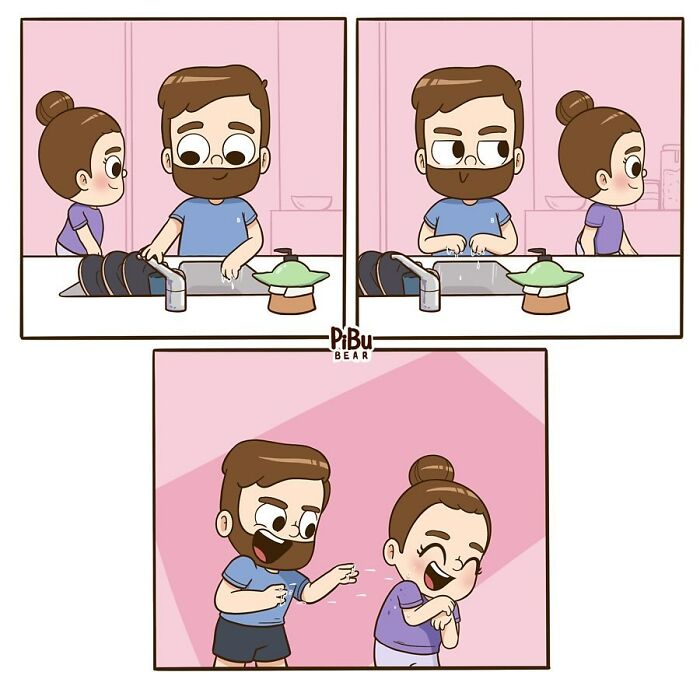 Couple comics by Pibubear showing a playful moment while doing dishes, with the man teasing the woman as they laugh together.