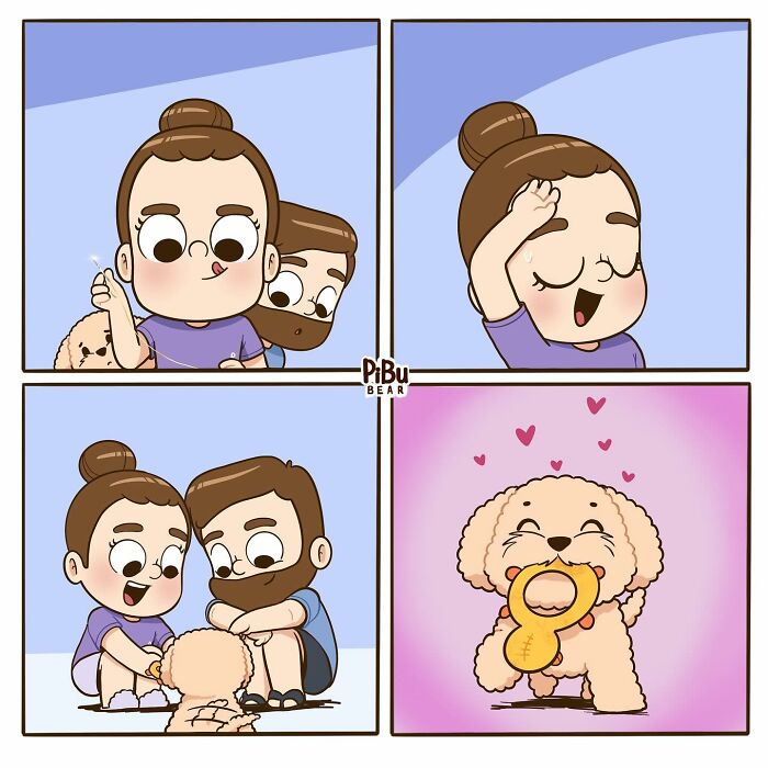 Adorable couple comic by Pibubear featuring a happy dog with hearts, reflecting cute relationship moments.