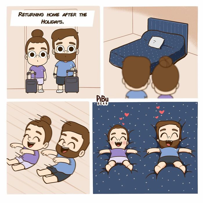 Couple comic by Pibubear showing a duo returning home after holidays, happy and relaxed on their bed.