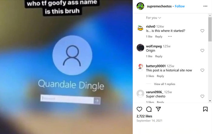 Quandale Dingle: Viral meme sparked by a computer login screen with the name, captioned 'who tf goofy ass name is this bruh.' Quandale Dingle: Viral meme sparked by a computer login screen with the name, captioned 'who tf goofy ass name is this bruh.'
