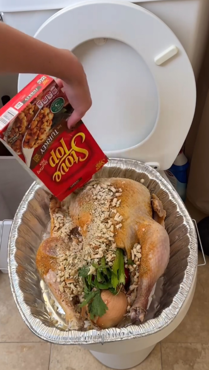 Cooking Thanksgiving turkey in a toilet with stuffing poured on top in a disposable tray. Cooking Thanksgiving turkey in a toilet with stuffing poured on top in a disposable tray.