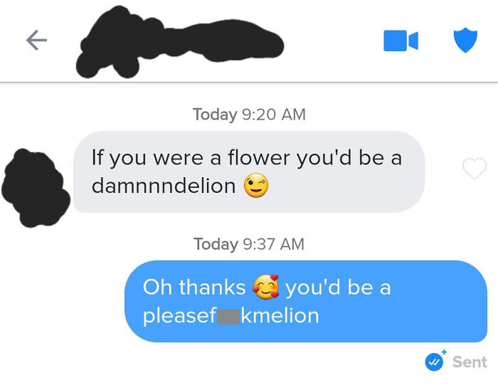 Humorous Tinder post showing witty flower-based wordplay in a chat exchange.