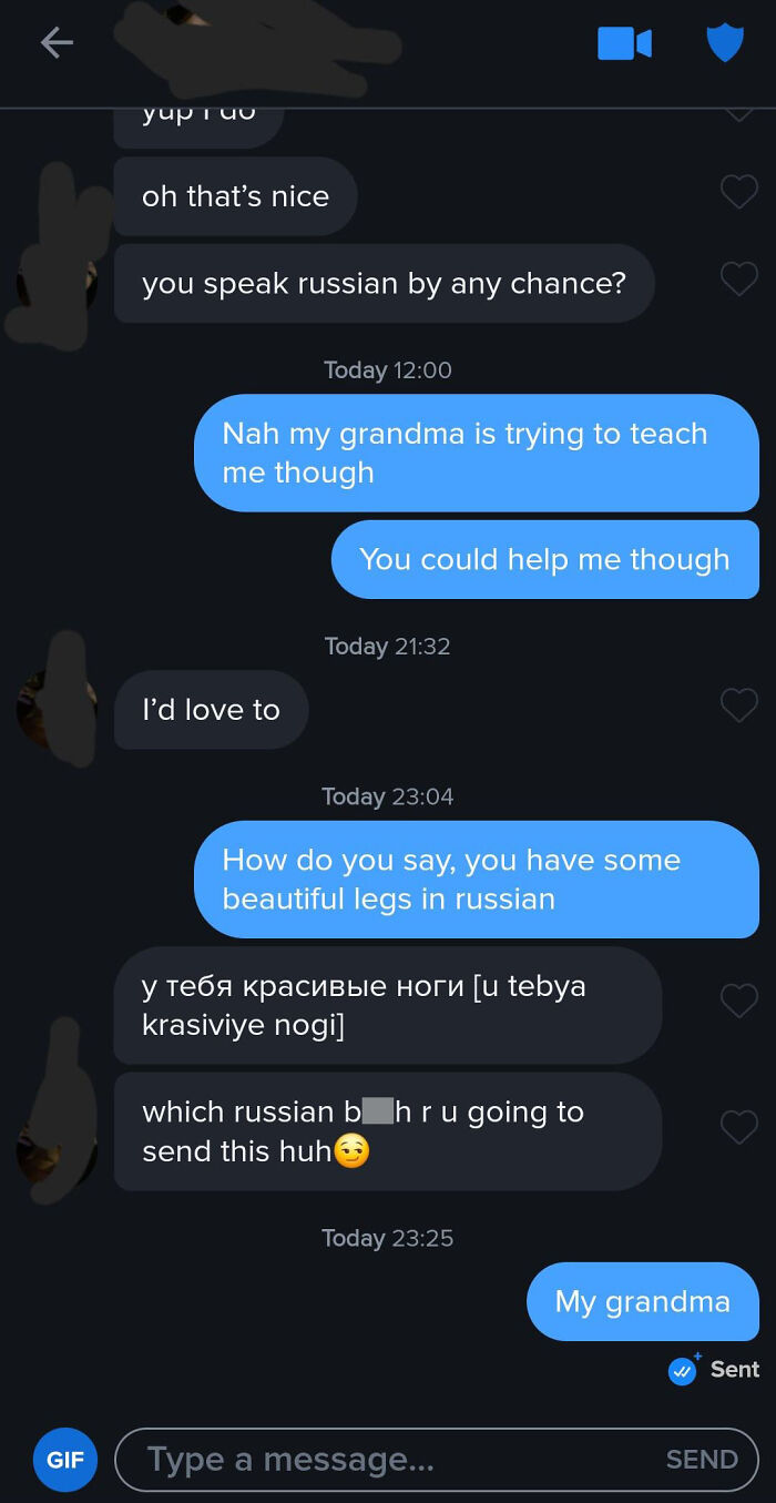 Humorous Tinder post about a conversation in Russian, with a playful twist involving a grandma.