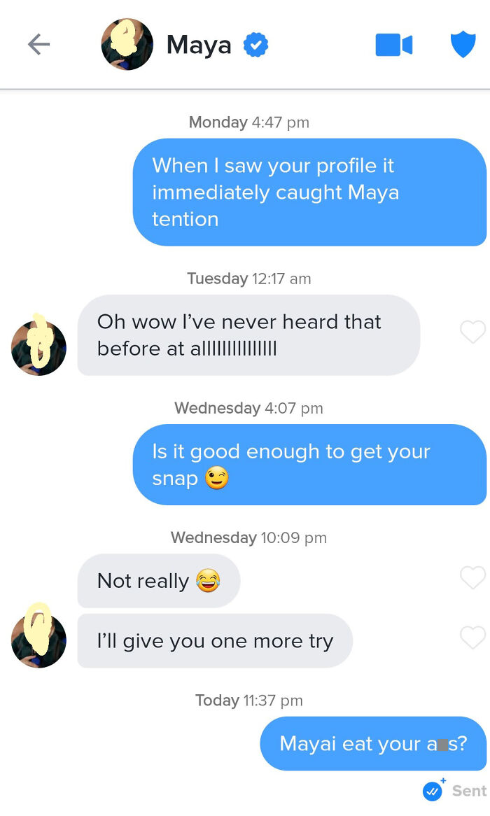 Humorous Tinder post with a playful conversation, involving wordplay and emojis.