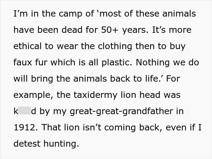 Image of text about ethical views on wearing clothing made from animals, referencing family heirlooms and taxidermy. Image of text about ethical views on wearing clothing made from animals, referencing family heirlooms and taxidermy.