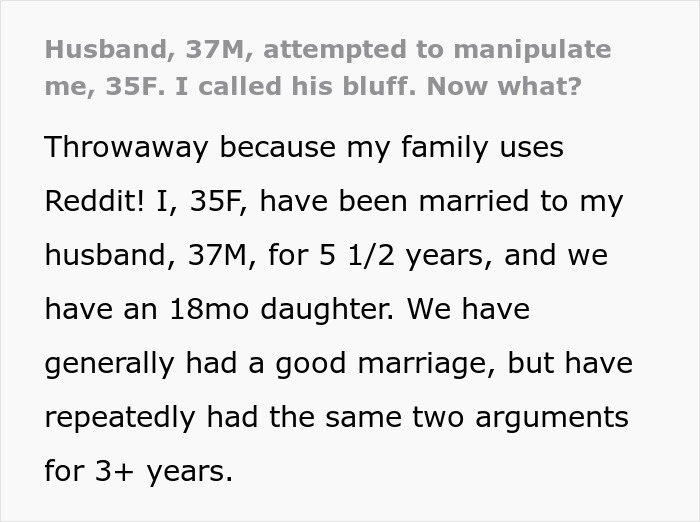 Text discussing a husband's attempted manipulation and his wife's reaction. Text discussing a husband's attempted manipulation and his wife's reaction.
