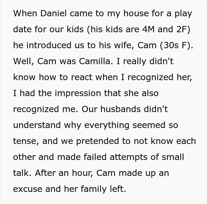 Text about a woman's encounter with her husband's affair partner, highlighting past infidelity exposure. Text about a woman's encounter with her husband's affair partner, highlighting past infidelity exposure.