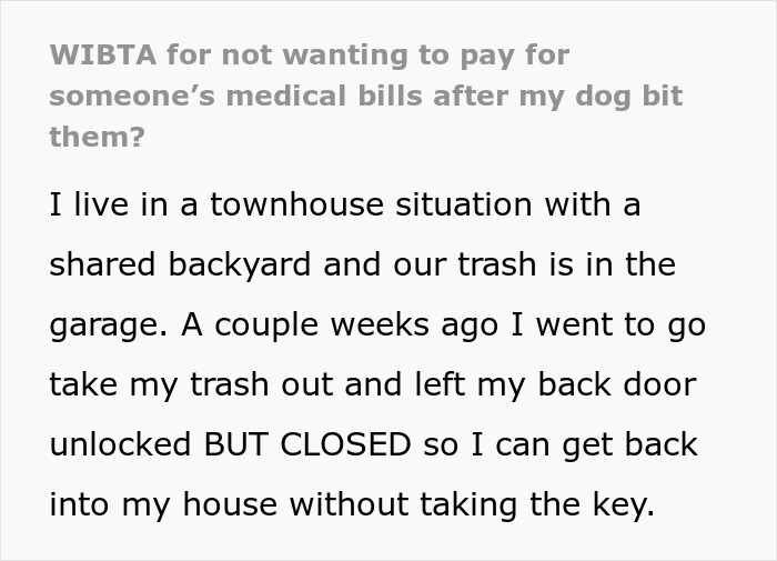 Text about a woman whose dog bit a neighbor intruder, questioning responsibility for medical bills. Text about a woman whose dog bit a neighbor intruder, questioning responsibility for medical bills.