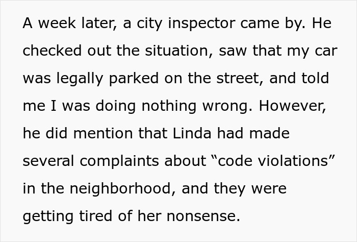 Text about a city inspector addressing a neighbor's complaints on code violations. Text about a city inspector addressing a neighbor's complaints on code violations.