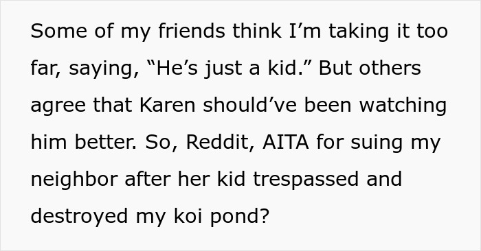 Text narrative about a guy suing a neighbor after a kid falls into his private pond. Text narrative about a guy suing a neighbor after a kid falls into his private pond.