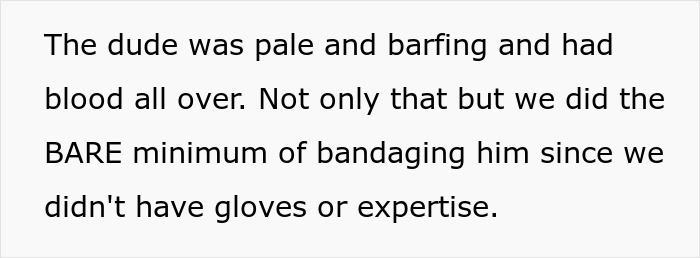 Text detailing a pale and bleeding employee receiving minimal medical aid. Text detailing a pale and bleeding employee receiving minimal medical aid.