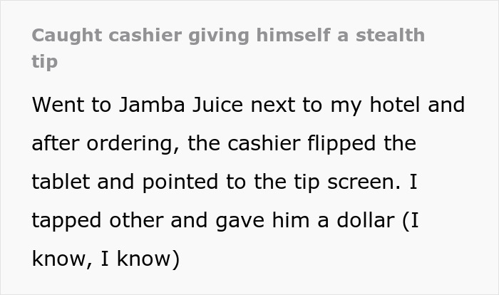 Text description about a cashier giving himself a stealth tip at Jamba Juice. Text description about a cashier giving himself a stealth tip at Jamba Juice.