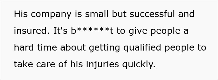 Text discussing the small, insured company and criticism of the boss's reaction to employee's medical emergency. Text discussing the small, insured company and criticism of the boss's reaction to employee's medical emergency.