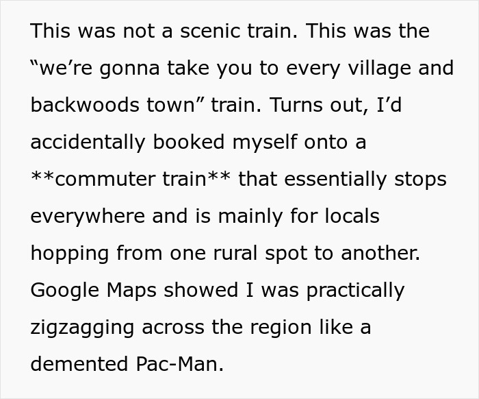 Text describing a train detour experienced by a passenger, mentioning a non-scenic route. Text describing a train detour experienced by a passenger, mentioning a non-scenic route.