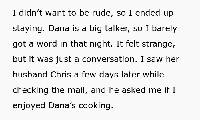 Text describing a conversation with Dana, a big talker, and a follow-up with Chris about her cooking. Text describing a conversation with Dana, a big talker, and a follow-up with Chris about her cooking.