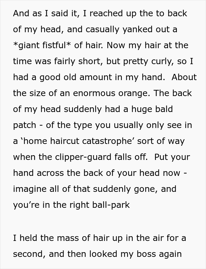 Close-up view of text describing pulling out a fistful of hair, joking about a bald patch like a haircut catastrophe. Close-up view of text describing pulling out a fistful of hair, joking about a bald patch like a haircut catastrophe.