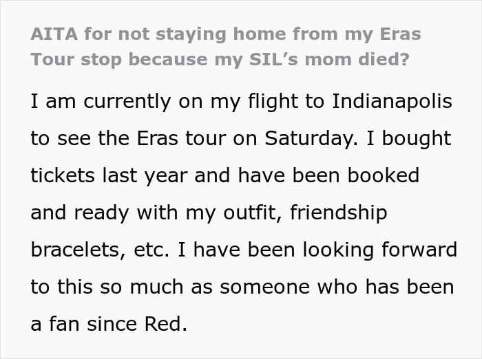 Woman Expects Her SIL To Pause Her Life As Her Mom Died, Can’t Believe She’s Going To A Concert Woman Expects Her SIL To Pause Her Life As Her Mom Died, Can’t Believe She’s Going To A Concert