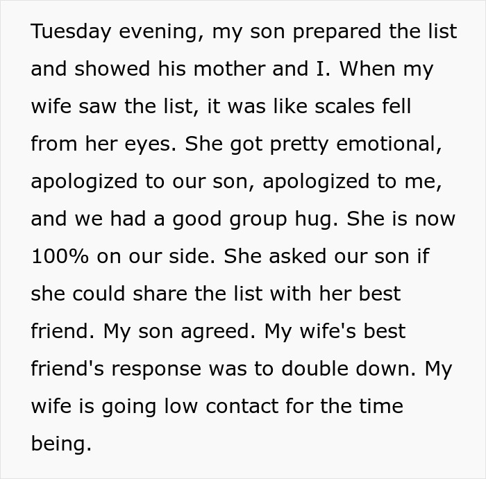 Text about dad supporting son in social situation, family drama resolved with group hug and list shared. Text about dad supporting son in social situation, family drama resolved with group hug and list shared.
