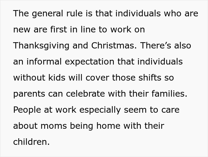Mom Wants Coworker To Cover Her On Holiday Because She Doesn’t Have Kids, Gets A Reality Check Mom Wants Coworker To Cover Her On Holiday Because She Doesn’t Have Kids, Gets A Reality Check