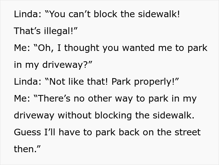 Text exchange about parking in a driveway, featuring a disagreement with a neighbor. Text exchange about parking in a driveway, featuring a disagreement with a neighbor.