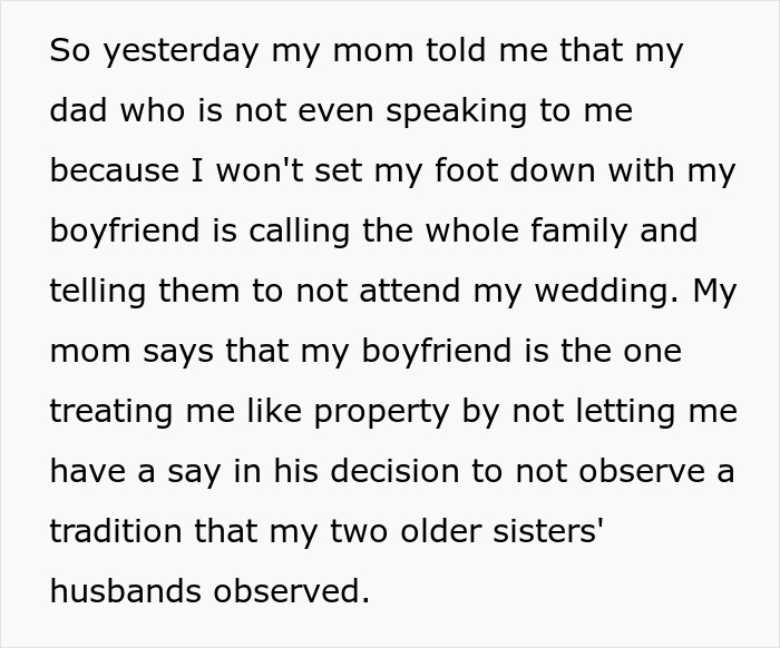 Old-School Parents Skip Daughter's Wedding Over Silly Tradition, She Bans Them From Seeing Her Child Old-School Parents Skip Daughter's Wedding Over Silly Tradition, She Bans Them From Seeing Her Child
