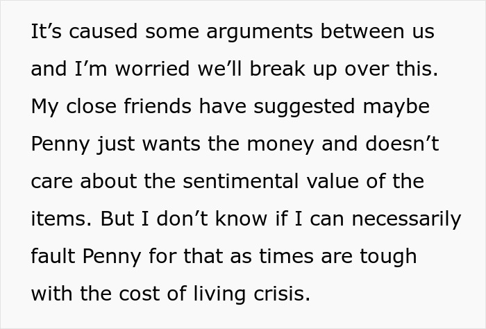 Text about disagreements over selling family heirlooms due to financial concerns. Text about disagreements over selling family heirlooms due to financial concerns.