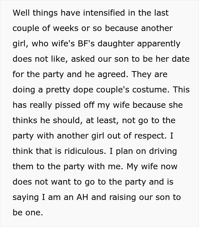 Dad supports son’s choice about party date, leading to family drama over friend’s daughter. Dad supports son’s choice about party date, leading to family drama over friend’s daughter.