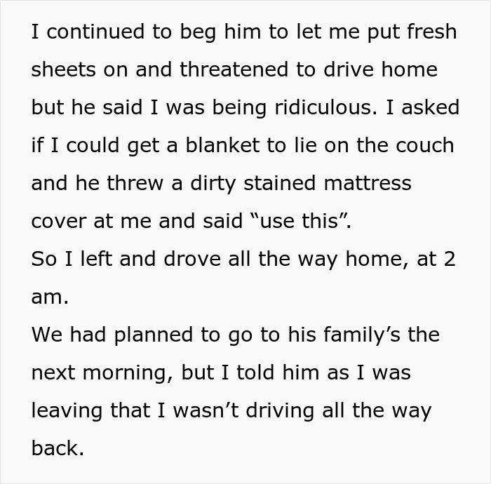 Text screenshot about a woman leaving due to her boyfriend's dirty bed, describing the situation. Text screenshot about a woman leaving due to her boyfriend's dirty bed, describing the situation.