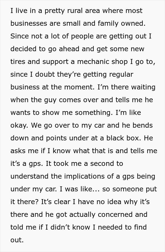 Woman Immediately Moves Out From Her Apartment When Mechanic Finds A GPS Tracker Under Her Car Woman Immediately Moves Out From Her Apartment When Mechanic Finds A GPS Tracker Under Her Car