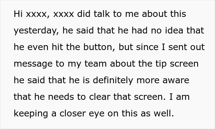 Text message discussing cashier's accidental actions on tip screen for better awareness. Text message discussing cashier's accidental actions on tip screen for better awareness.
