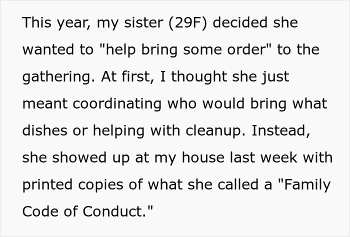 Text about a sister's new rules for Thanksgiving, introducing a "Family Code of Conduct" for the gathering. Text about a sister's new rules for Thanksgiving, introducing a "Family Code of Conduct" for the gathering.